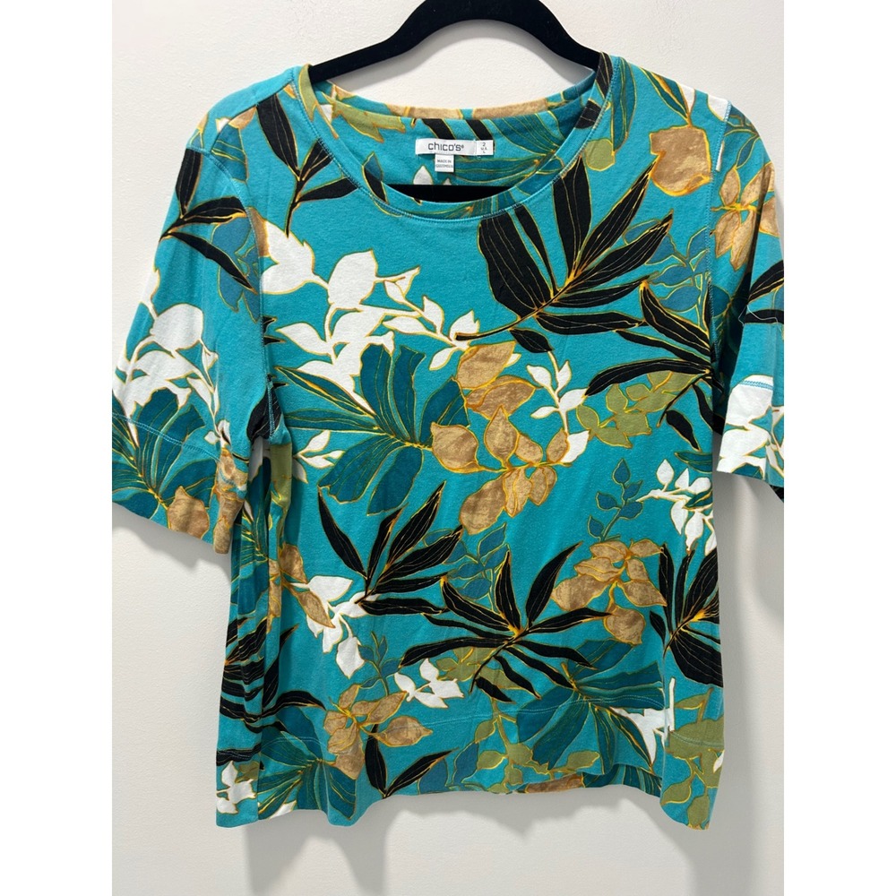Chicos Womens Size 2 L Teal Tropical Floral Pima Cotton Short Sleeve T-Shirt Top
